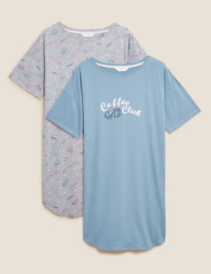 

Womens M&S Collection 2pk Cotton Rich Coffee Slogan Nightdresses - Petrol Mix, Petrol Mix