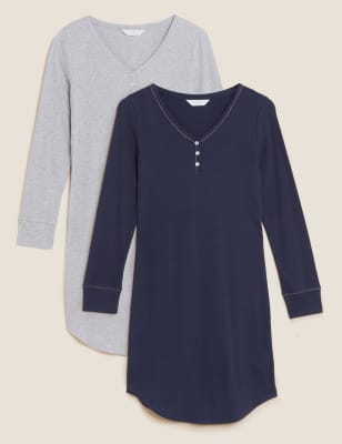 

Womens M&S Collection 2 Pack Cotton Rich Rib Henley Nightdress - Navy Mix, Navy Mix