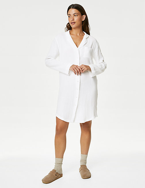 Marks And Spencer Womens M&S Collection Pure Cotton Muslin Revere Nightshirt - White, White
