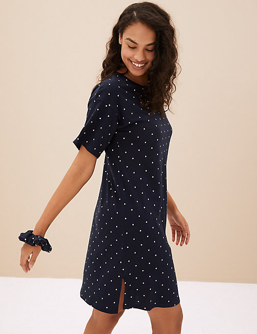 Marks And Spencer Womens M&S Collection Cool Comfort Cotton Modal Spot Short Nightdress - Navy Mix