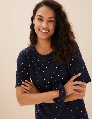 

Womens M&S Collection Kurzes Nachthemd aus Baumwolle und Modal mit Punktmuster und Cool Comfort™ - Navy Mix, Navy Mix