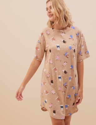 2pk Cotton Rich Cat Print Nightdresses