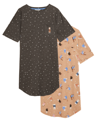 

Womens M&S Collection 2er-Pack Nachthemden mit hohem Baumwollanteil und Katzenmuster - Charcoal Mix, Charcoal Mix