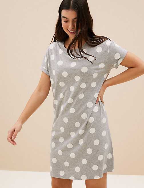 Marks And Spencer Womens M&S Collection Cotton Rich Spot Print Short Nightdress - Grey Mix, Grey Mix