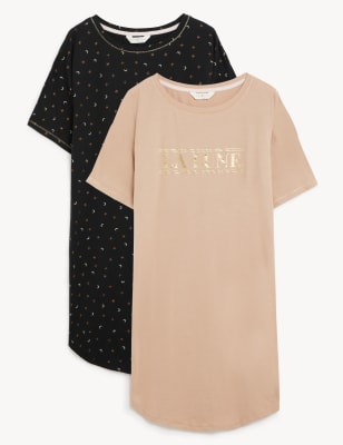 

Womens M&S Collection 2er-Pack kurze Nachthemden aus reiner Baumwolle mit Muster - Camel Mix, Camel Mix