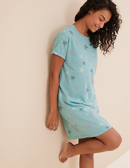 Marks And Spencer Womens M&S Collection Pure Cotton Star Print Short Nightdress - Sea Green