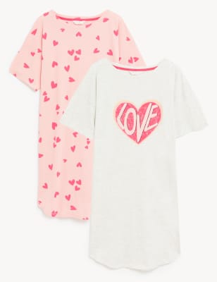 

Womens M&S Collection 2er-Pack kurze Nachthemden mit hohem Baumwollanteil und Herzmuster - Light Pink Mix, Light Pink Mix
