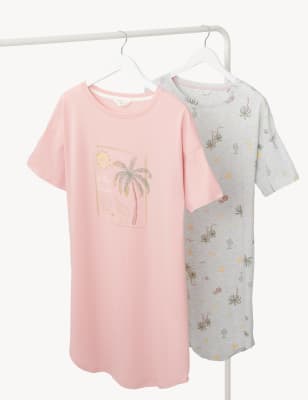 

Womens M&S Collection 2pk Cotton Rich Printed Nightdresses - Pink Mix, Pink Mix