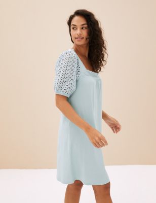 

Womens M&S Collection Pure Cotton Broderie Trim Short Nightdress - Blue, Blue