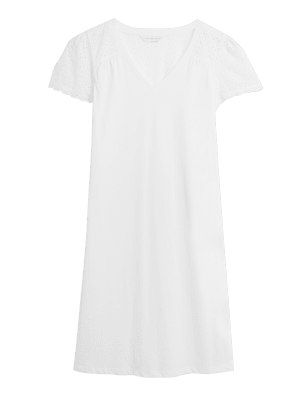 

Womens M&S Collection Pure Cotton Broderie Trim Short Nightdress - White, White