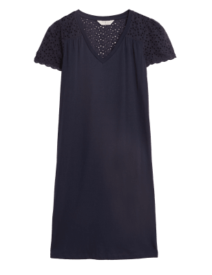 

Womens M&S Collection Pure Cotton Broderie Trim Short Nightdress - Navy, Navy