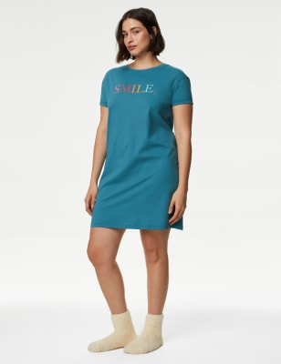 

Womens M&S Collection Pure Cotton Smile Slogan Nightdress - Dark Turquoise, Dark Turquoise