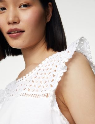 M&S Women's Cotton Modal Broderie Nightdress - White, White,Soft Pink