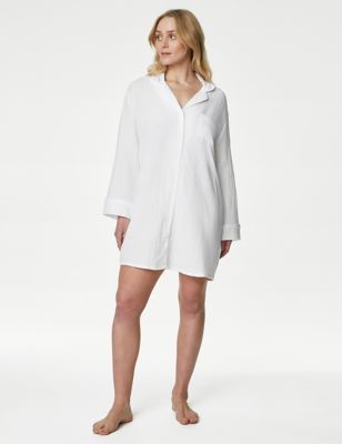 M&S Womens Pure Cotton Revere Nightshirt - 6 - White, White