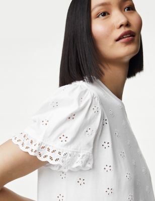 M&S Womens Pure Cotton Broderie Nightdress - M - White, White,Navy