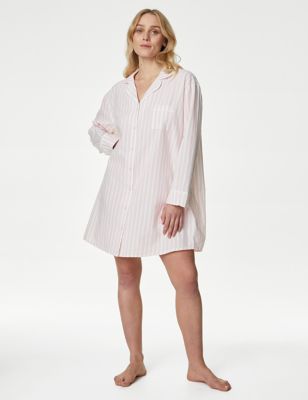 Body by M&S - Womens Pure Cotton Cool Comfort Striped Nightshirt - 8 - Soft Pink, Soft Pink,Light B
