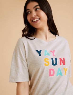  T-shirt de pyjama en coton avec texte « Yay Sun Day » - Grey Mix