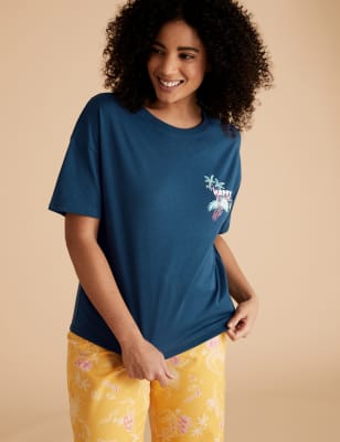  Cotton Happy Place Slogan Pyjama Tee - Teal