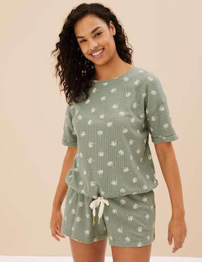 Cotton Blend Palm Print Pyjama Shorts