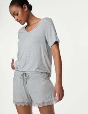 Body by M&S - Womens Body Soft Lace Trim Pyjama Shorts - XS - Grey, Grey,Black,Dark Teal