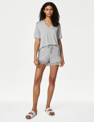 Body By M&S Womens Body Soft Lace Trim Pyjama Shorts - XS - Grey, Grey,Black,Dark Teal