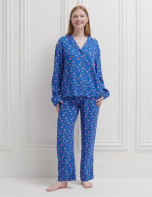 M&S X Ghost Womens Floral Print Revere Collar Pyjama Top - 6 - Blue Mix, Blue Mix