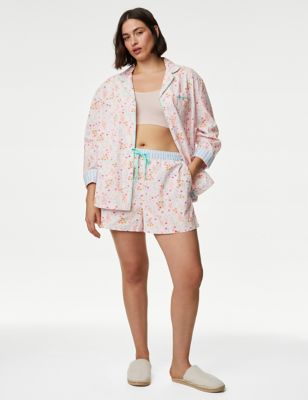 M&S Womens Pure Cotton Floral Pyjama Shorts - 10 - Pink Mix, Pink Mix