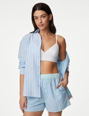 M&S Womens Cool Comfort Pure Cotton Striped Pyjama Shorts - 16 - Blue Mix, Blue Mix