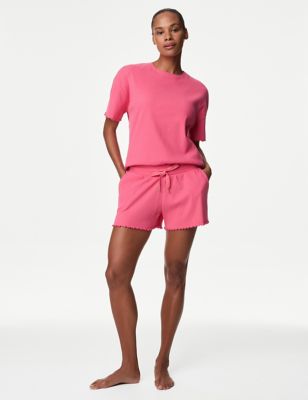 M&S Womens Cotton Rich Ribbed Pyjama Shorts - XS - Watermelon, Watermelon,Ivory Mix