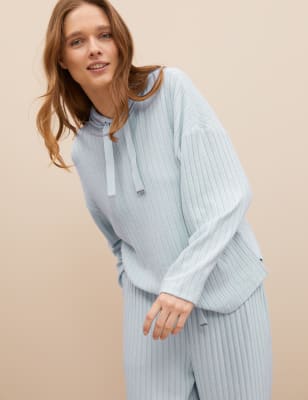 

Womens M&S Collection Bequemer Lounge-Strickhoodie mit Rippenmuster - Soft Blue, Soft Blue