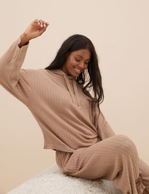 

Womens M&S Collection Bequemer Lounge-Strickhoodie mit Rippenmuster - Cappuccino, Cappuccino