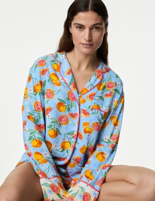 M&S Womens Floral Print Revere Collar Pyjama Top - 10 - Cornflower Mix, Cornflower Mix