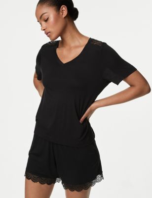 Body By M&S Womens Body Softtm Lace Detail Pyjama Top - XS - Black, Black,Grey