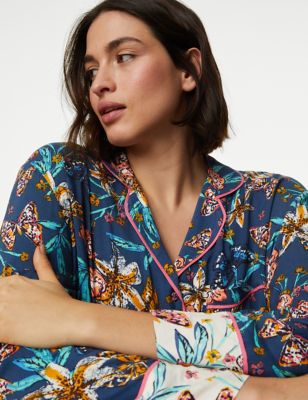 M&S Women's Floral Print Pyjama Top - 16 - Dark Blue, Dark Blue