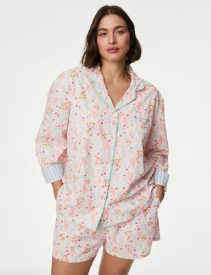 M&S Womens Cool Comforttm Pure Cotton Floral Pyjama Top - 16 - Pink Mix, Pink Mix