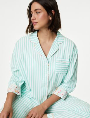 M&S Womens Cool Comfort Pure Cotton Striped Pyjama Top - 10 - Green Mix, Green Mix