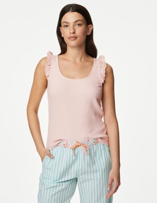 M&S Womens Cotton Rich Ribbed Broderie Trim Vest - Soft Pink, Soft Pink,Sea Green