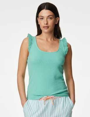 

Womens M&S Collection Cotton Rich Ribbed Broderie Trim Vest - Sea Green, Sea Green