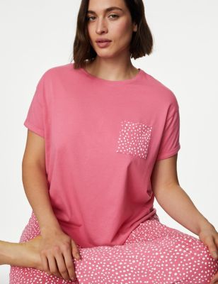 M&S Womens Pure Cotton Spot Print Pyjama Set - XS - Bright Rose, Bright Rose