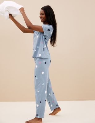 

Womens M&S Collection Cotton Rich Heart Print Pyjama Set - Blue Mix, Blue Mix