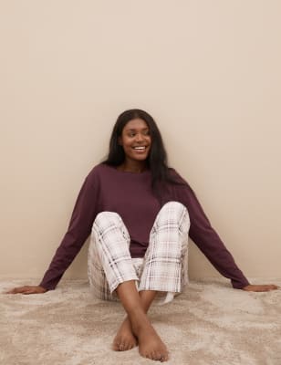 

Womens M&S Collection Pure Cotton Checked Print Pyjama Set - Purple, Purple