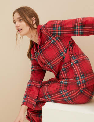 

Womens M&S Collection Fleece Checked Rever Collar Pyjama Set - Red Mix, Red Mix