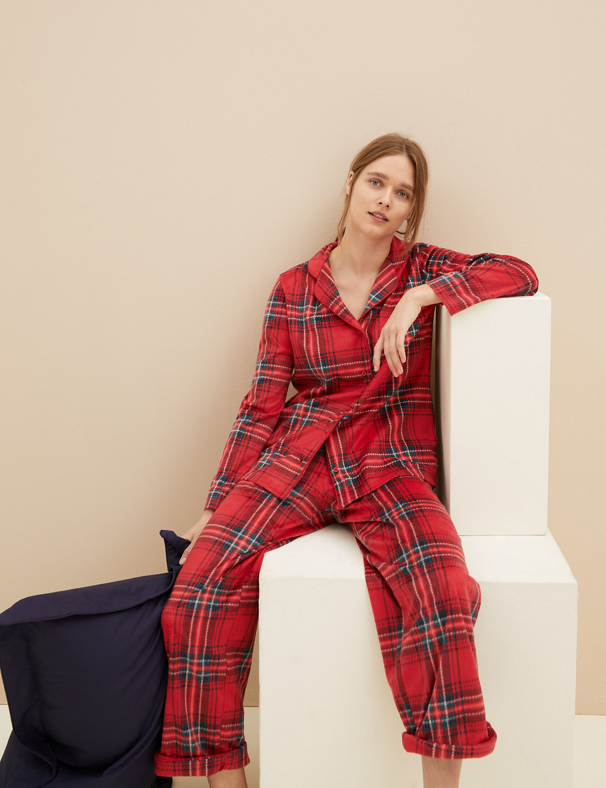 Fleece Checked Rever Collar Pyjama Set