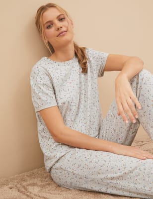

Womens M&S Collection Schlafanzugset mit hohem Baumwollanteil und Blümchenmuster - Oatmeal Mix, Oatmeal Mix