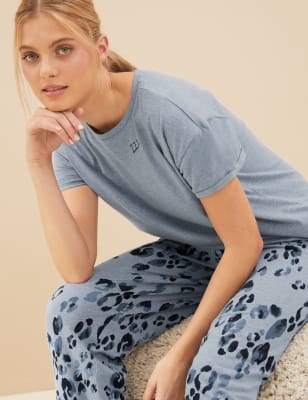

Womens M&S Collection Schlafanzug-Set mit hohem Baumwollanteil und Tiermuster - Blue Marl, Blue Marl