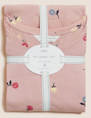 M&S Womens Cotton Rich Floral Print Pyjama Set - Pink Mix, Pink Mix