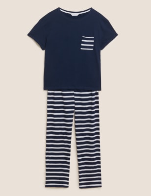 

Womens M&S Collection Pure Cotton Striped Pyjama Set - Navy Mix, Navy Mix