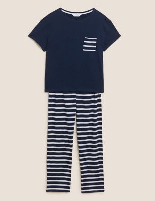 M&S Womens Pure Cotton Striped Pyjama Set - Navy Mix, Navy Mix