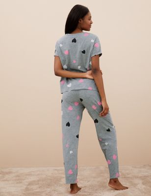 Womens M&S Collection Pure Cotton Heart Print Pyjama Set - Green Mix