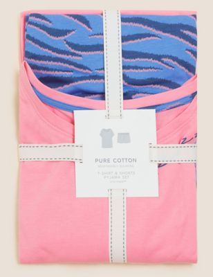 M&S Womens Pure Cotton Zebra Print Short Pyjama Set - Pink Mix, Pink Mix